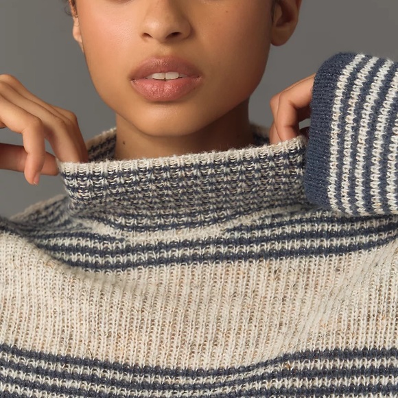By Anthropologie Ribbed Linen Wool Blend Warm Classic Turtleneck Striped Sweater - Picture 4 of 10